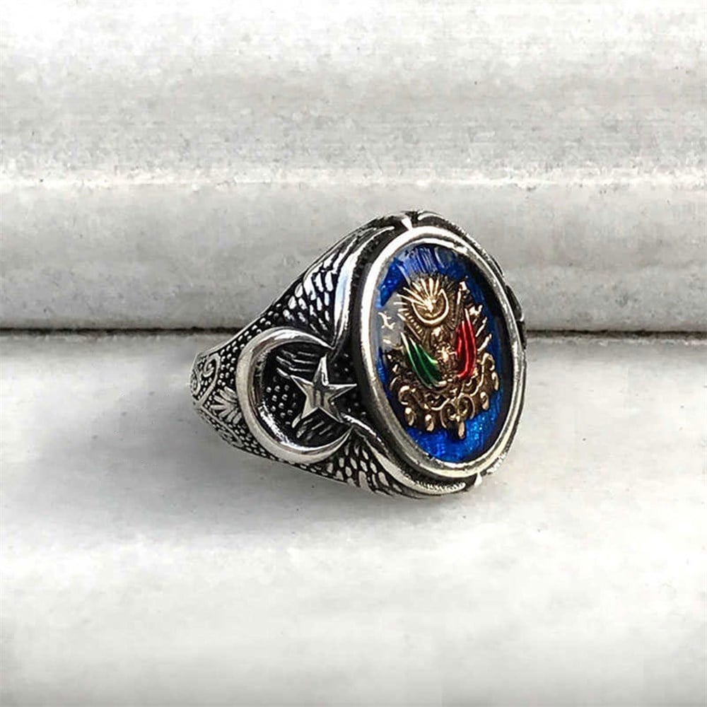 Osmanlı Devlet Armalı Ay Yıldız Modeli Gümüş Erkek Yüzük