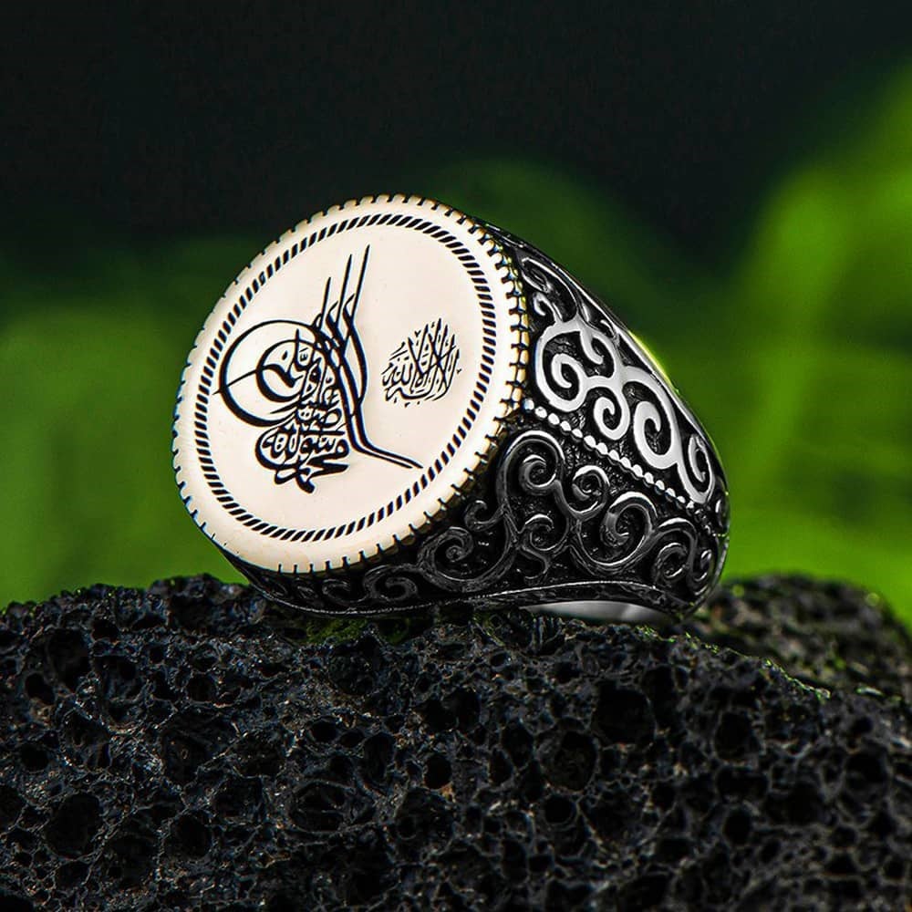 Osmanlı Tuğra İşlemeli Kalem Motifli Gümüş Yüzük