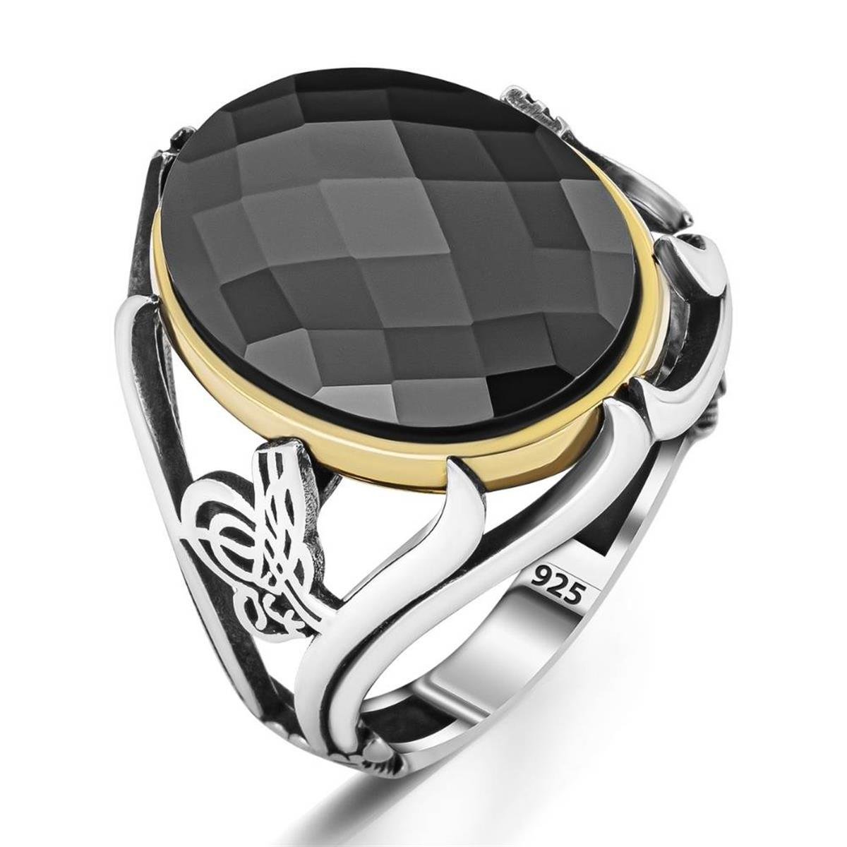 Osmanlı Tuğra İşlemeli Siyah Zirkon Taşlı Gümüş Yüzük