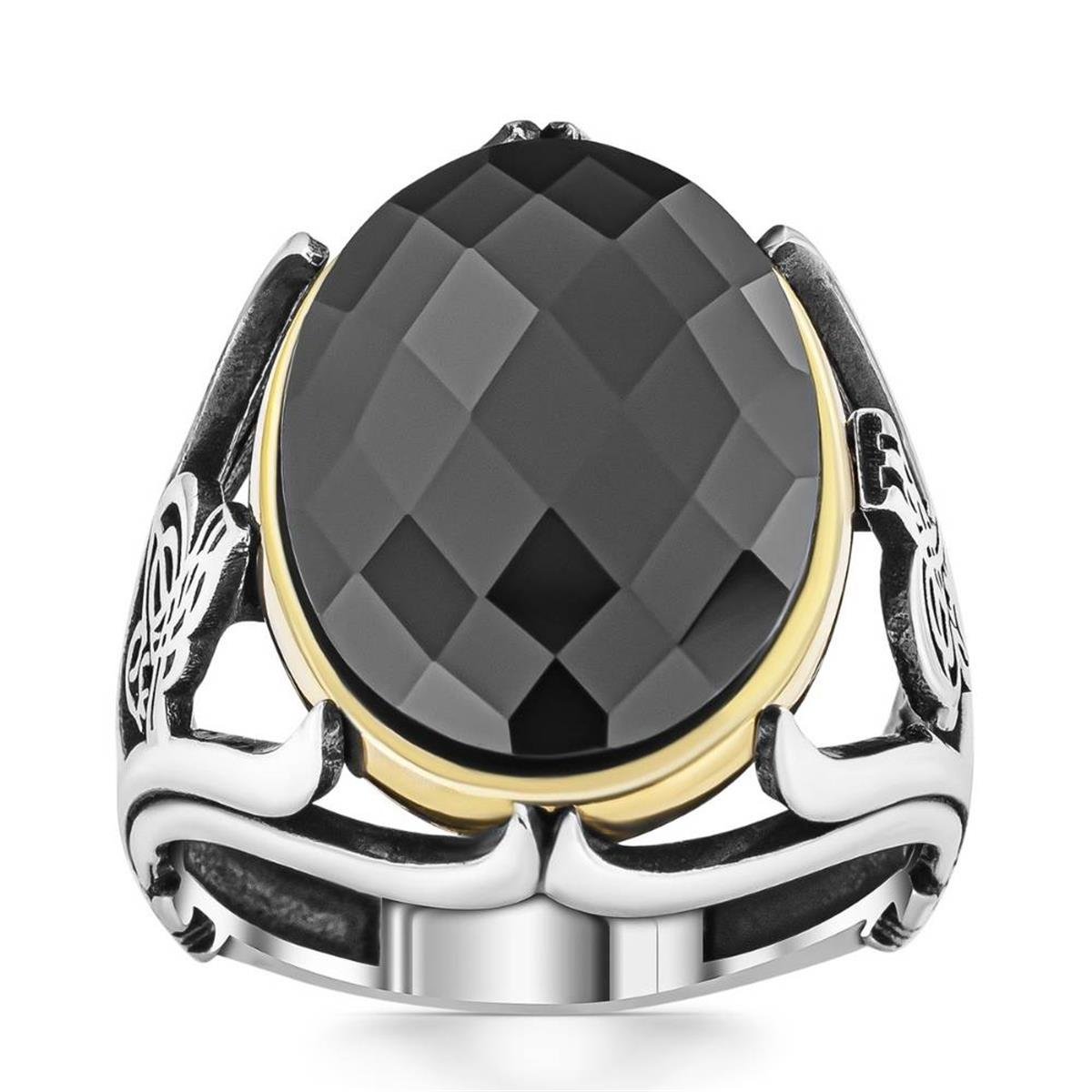 Osmanlı Tuğra İşlemeli Siyah Zirkon Taşlı Gümüş Yüzük