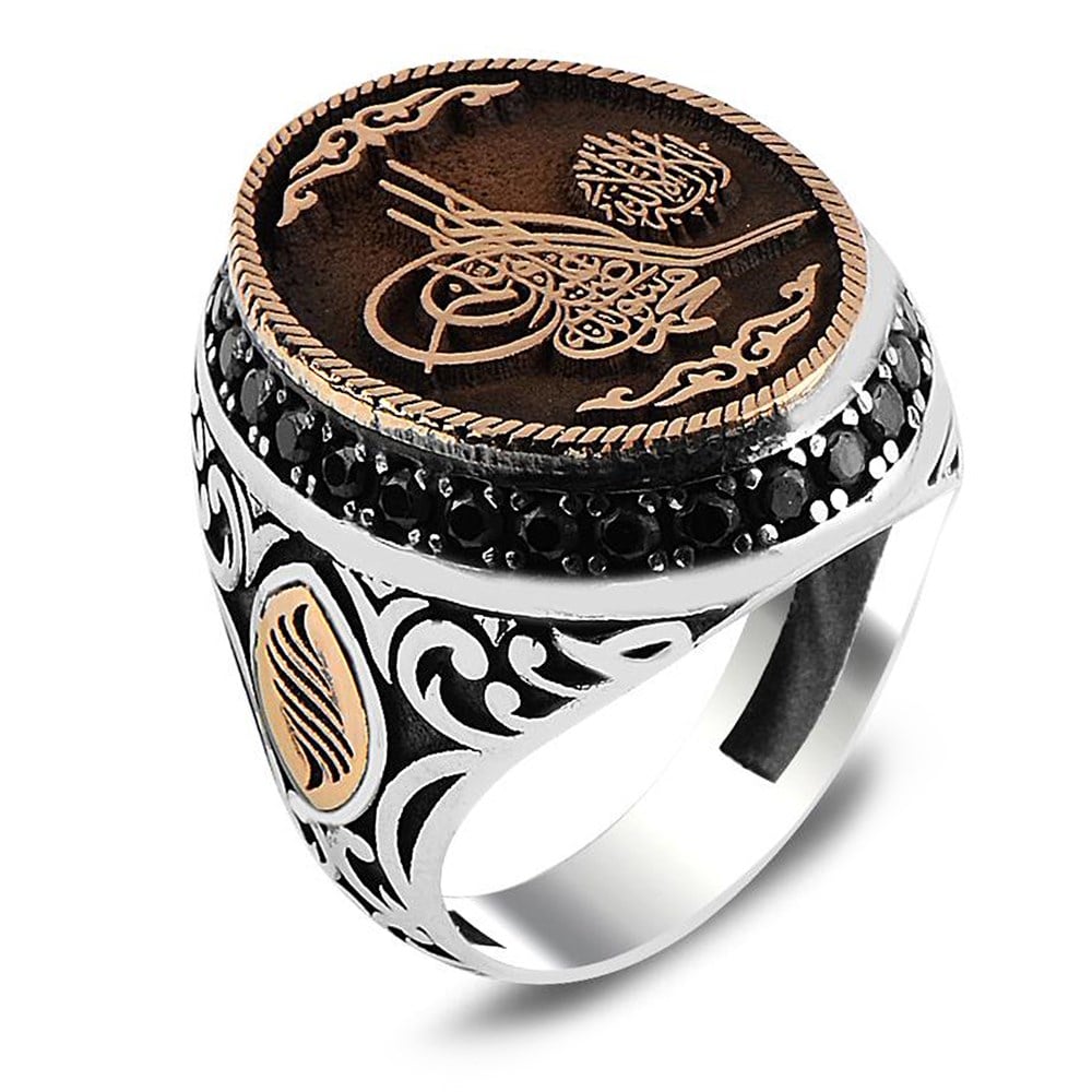 Osmanlı Tuğra İşlemeli Zirkon Taşlı Gümüş Erkek Yüzük