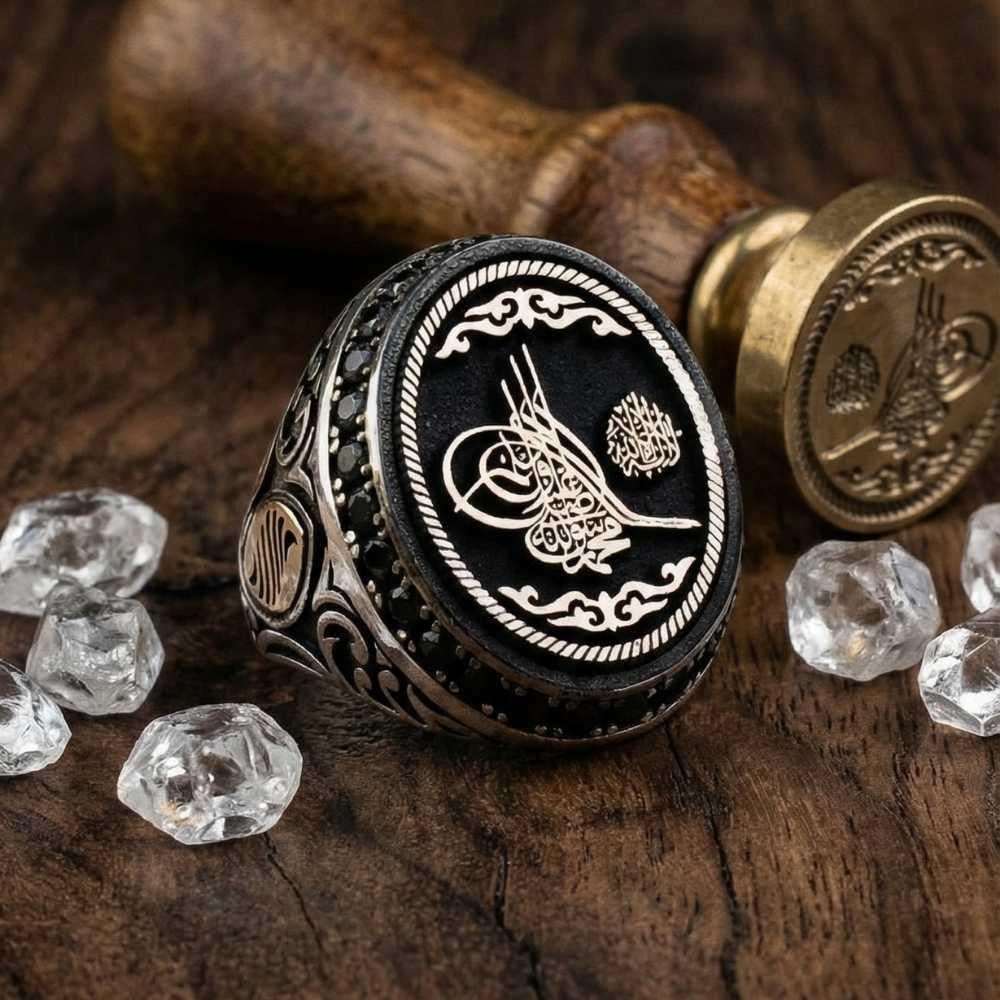 Osmanlı Tuğra İşlemeli Zirkon Taşlı Gümüş Erkek YüzükTuğra Yüzük