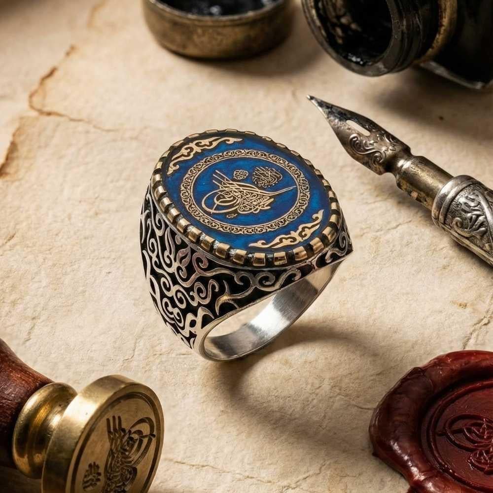 Osmanlı Tuğra Motifi İşlemeli Gümüş Erkek YüzükTuğra Yüzük