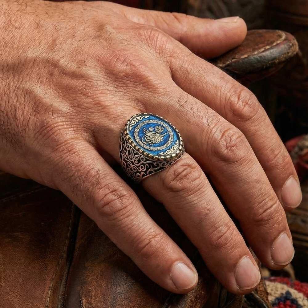 Osmanlı Tuğra Motifi İşlemeli Gümüş Erkek YüzükTuğra Yüzük