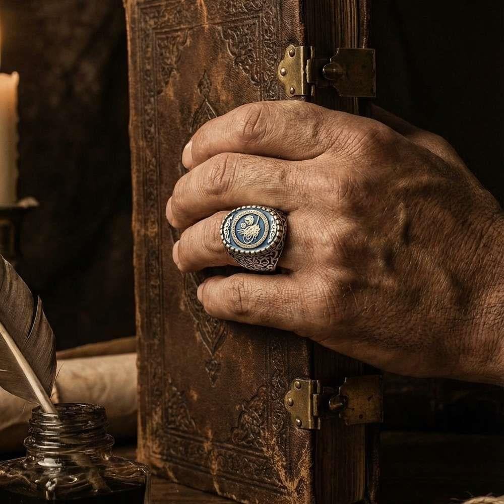 Osmanlı Tuğra Motifi İşlemeli Gümüş Erkek YüzükTuğra Yüzük