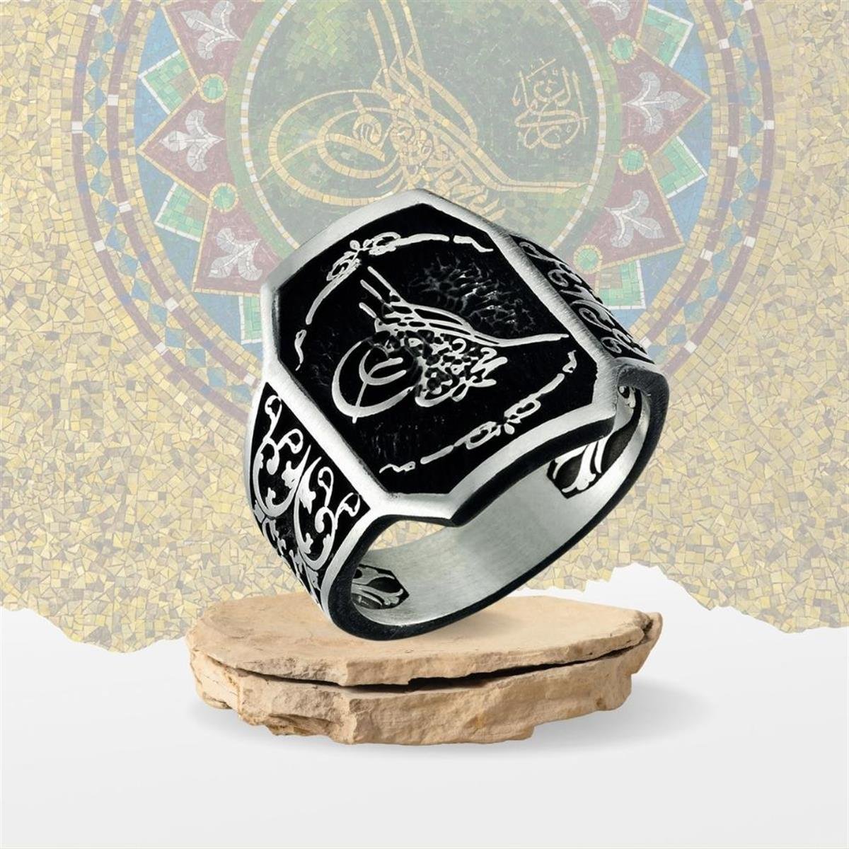 Osmanlı Tuğra Siyah Zeminli Gümüş Yüzük