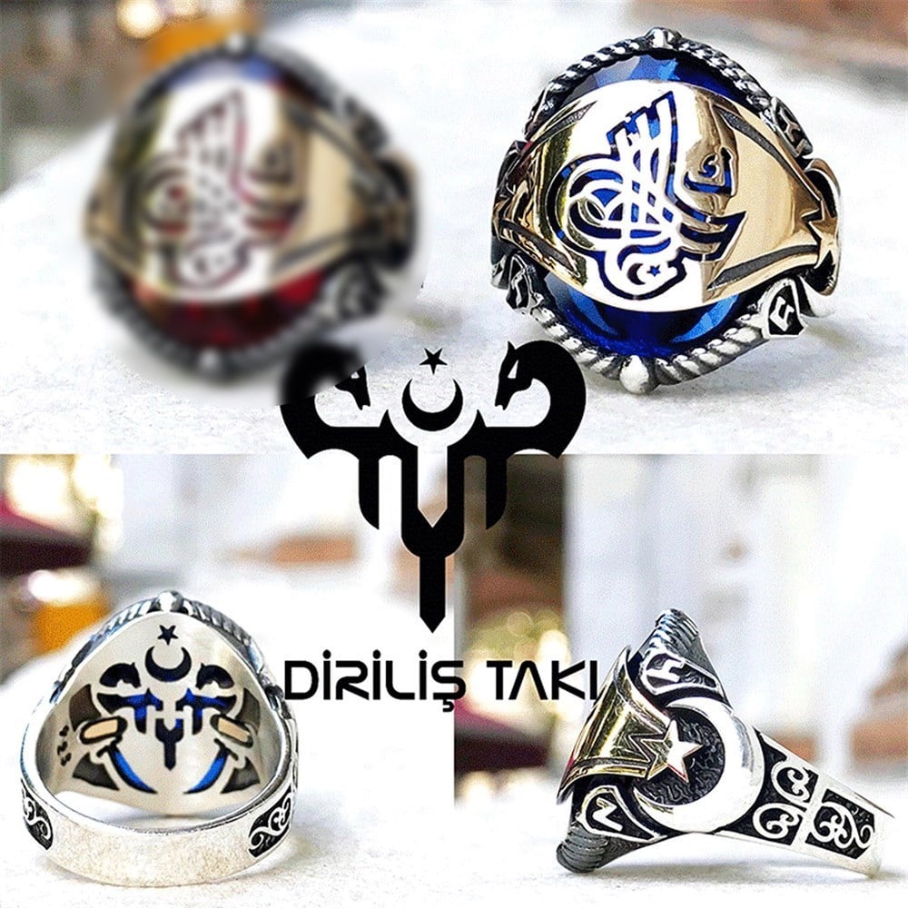Osmanlı Tuğralı Göktürkçe Türk Yazılı Gümüş Erkek Yüzük Mavi