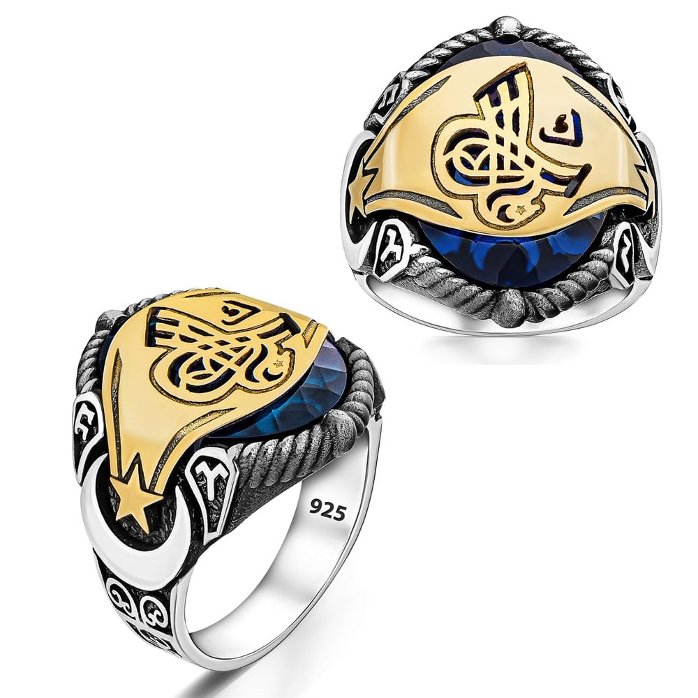 Osmanlı Tuğralı Göktürkçe Türk Yazılı Gümüş Erkek Yüzük Mavi