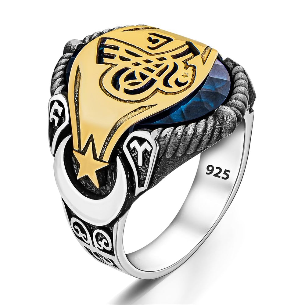 Osmanlı Tuğralı Göktürkçe Türk Yazılı Gümüş Erkek Yüzük Mavi