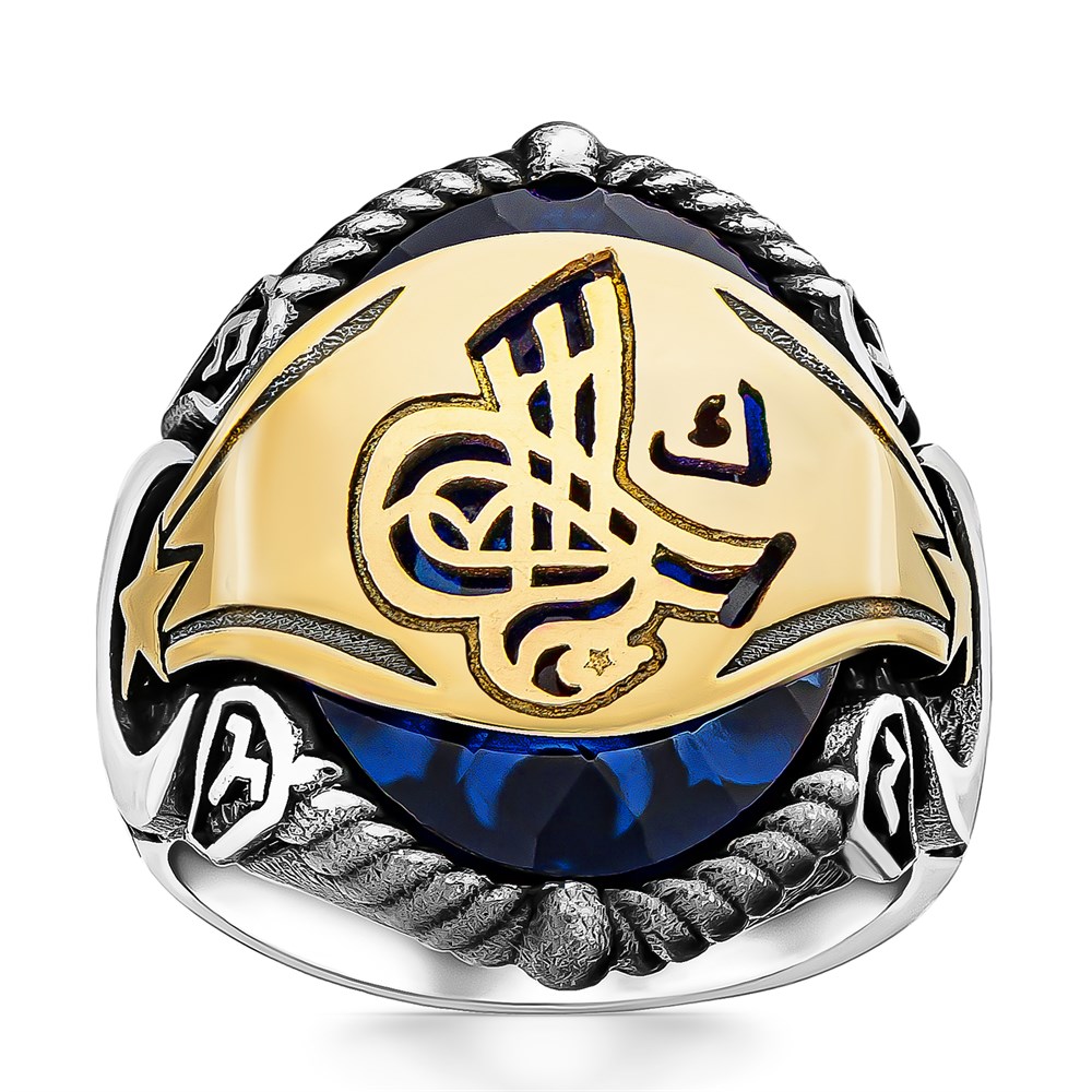Osmanlı Tuğralı Göktürkçe Türk Yazılı Gümüş Erkek Yüzük Mavi