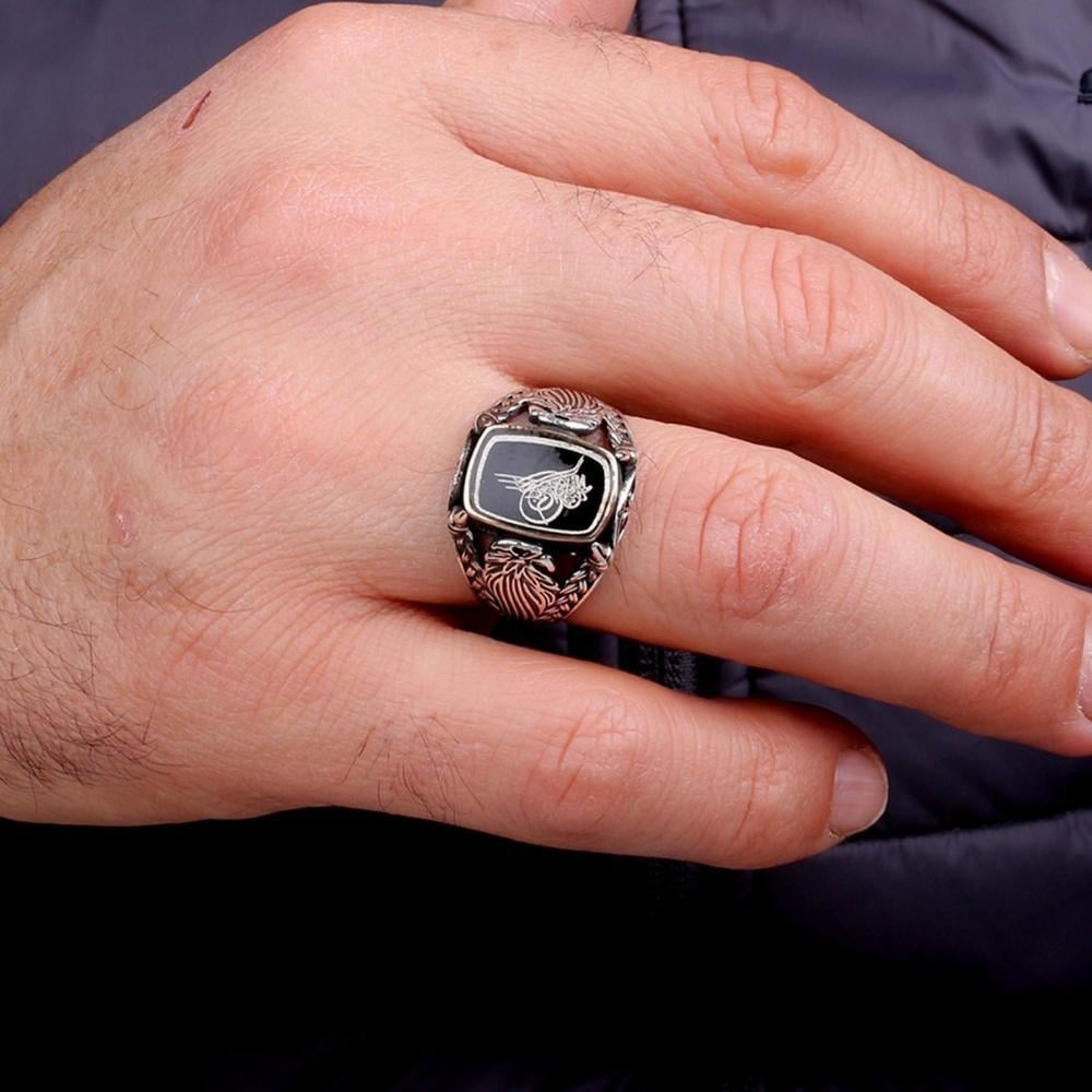 Osmanlı Tuğralı Kartal Motifli Gümüş YüzükTuğra Yüzük