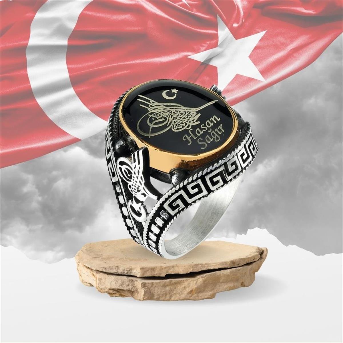 Osmanlı Tuğralı Kişiye Özel Gümüş Erkek Yüzük