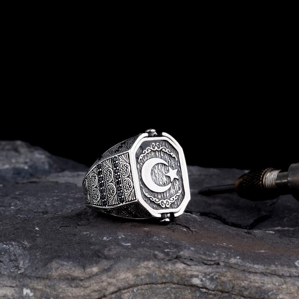 Osmanlı Tuğrası Türk Bayrağı Çift Taraflı Gümüş Yüzük