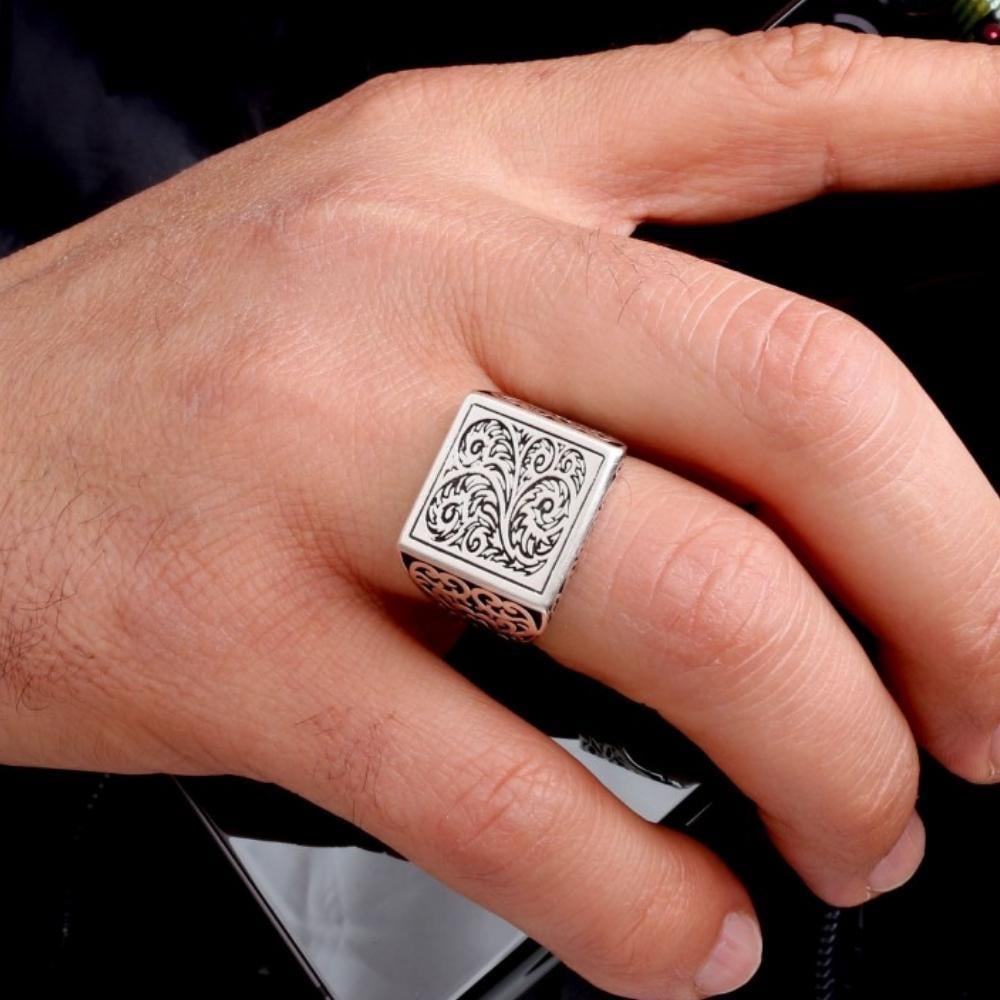 Otantik Desen İşlemeli 925 Ayar Gümüş Erkek YüzükPlain Ring