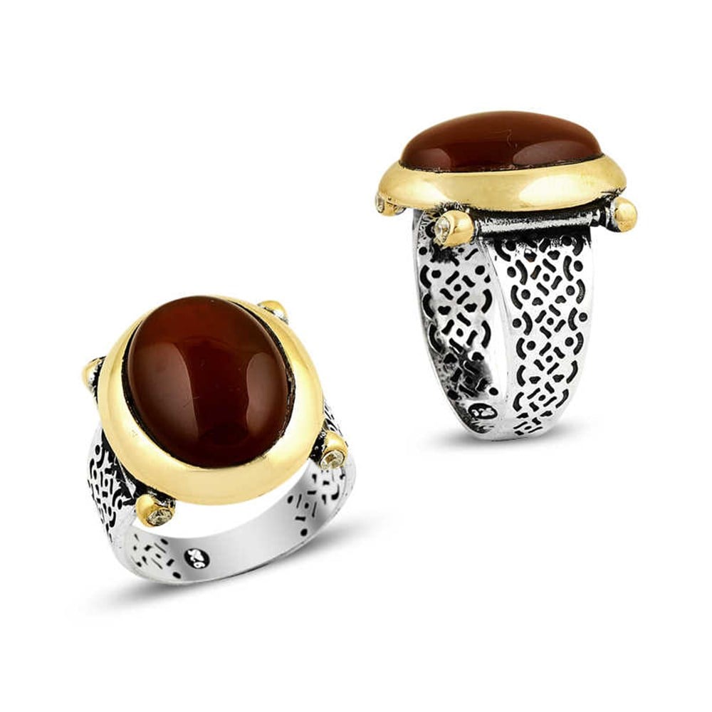 Oval Akik Taşlı Desenli Gümüş Erkek Yüzük