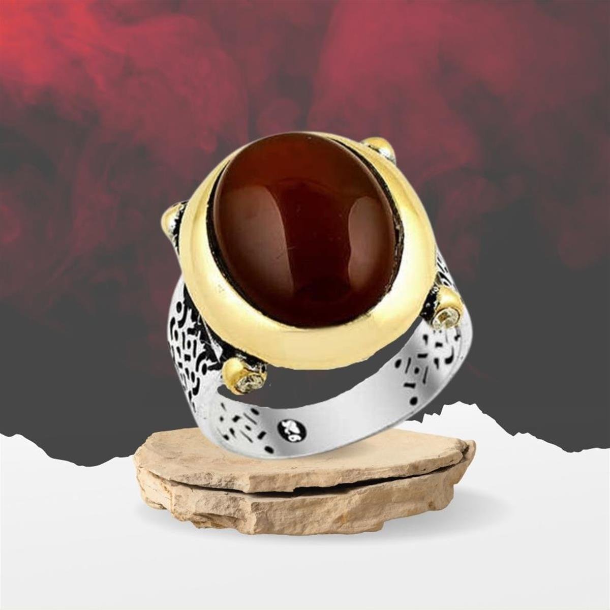 Oval Akik Taşlı Desenli Gümüş Erkek Yüzük