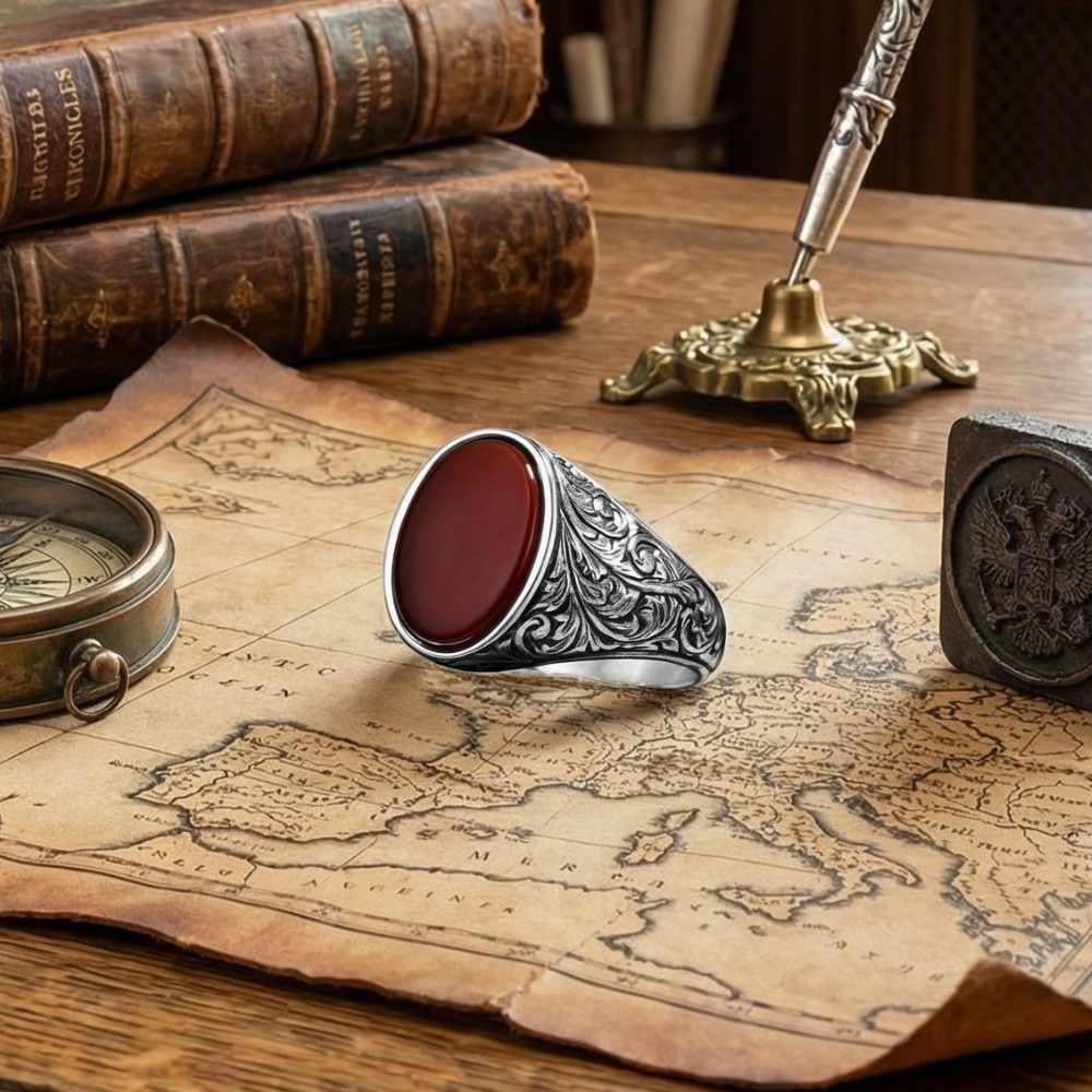 Oval Akik Taşlı Kalem İşlemeli Gümüş YüzükAkik Taşlı Yüzükler