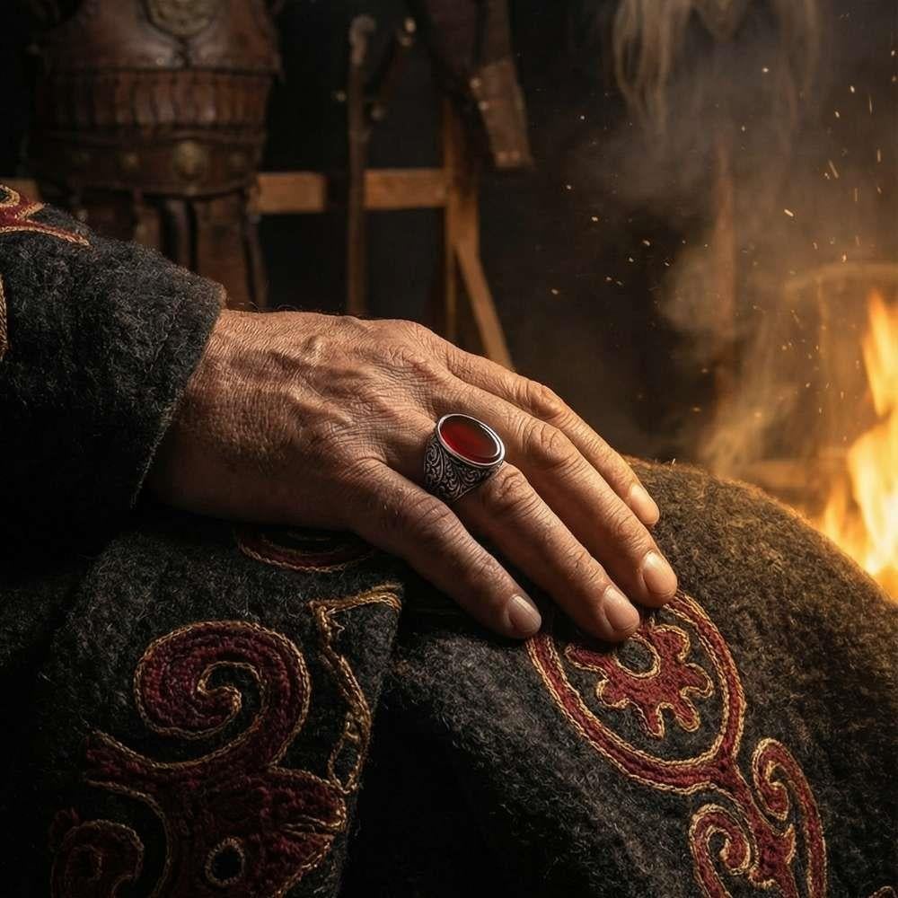 Oval Akik Taşlı Kalem İşlemeli Gümüş YüzükAkik Taşlı Yüzükler