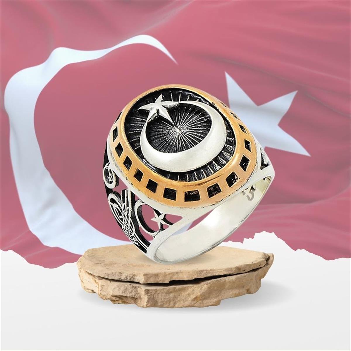 Oval Ay Yıldız Desenli Gümüş Erkek Yüzük
