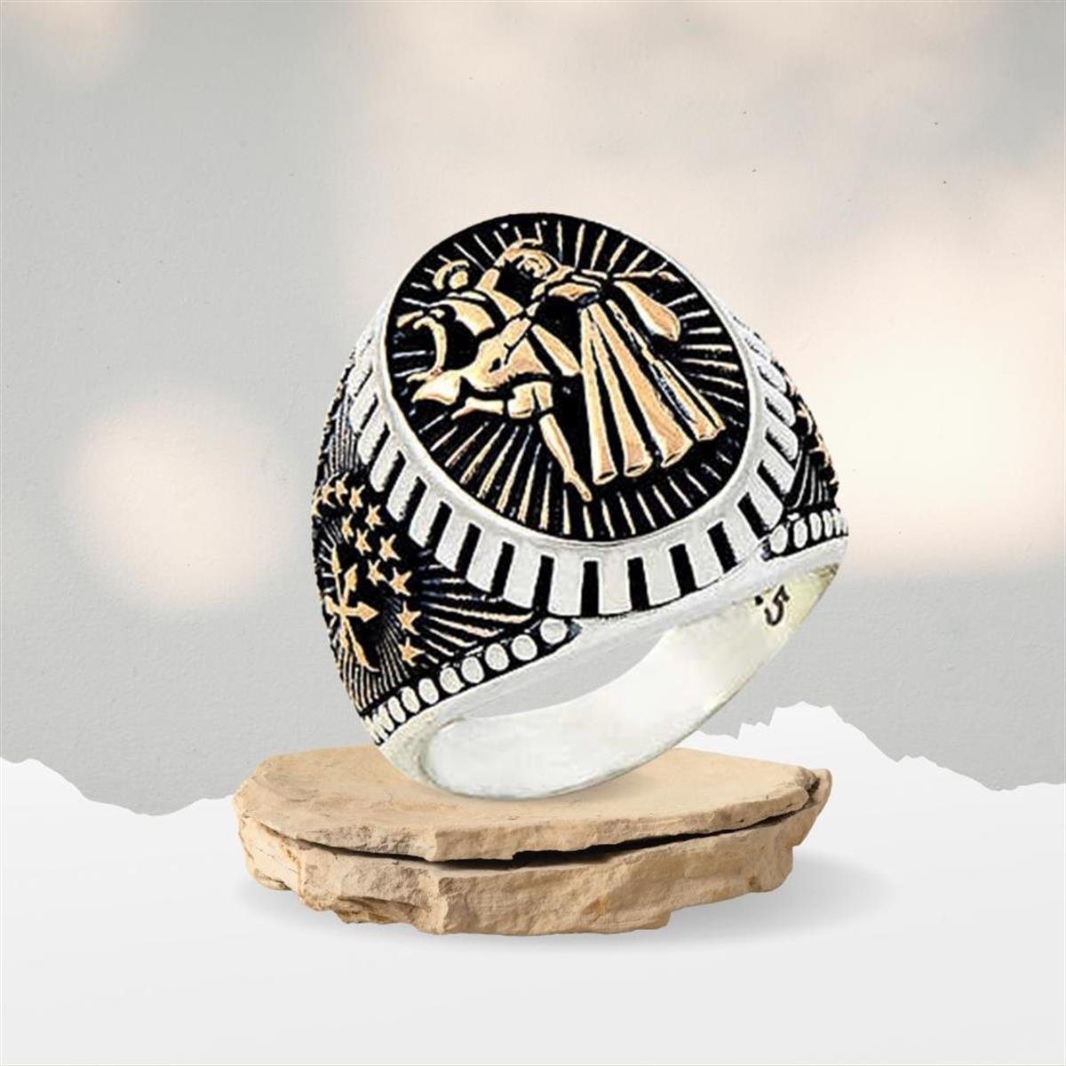 Oval Çerkes Dansı Motifli Çerkes Bayrağı Desenli Gümüş Erkek Yüzük