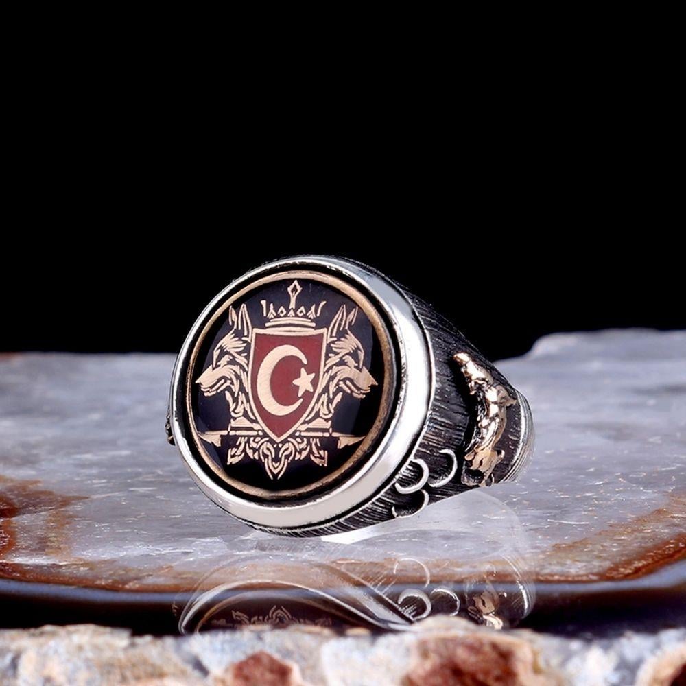 Oval Çift Bozkurt Ay Yıldız Gümüş Yüzük