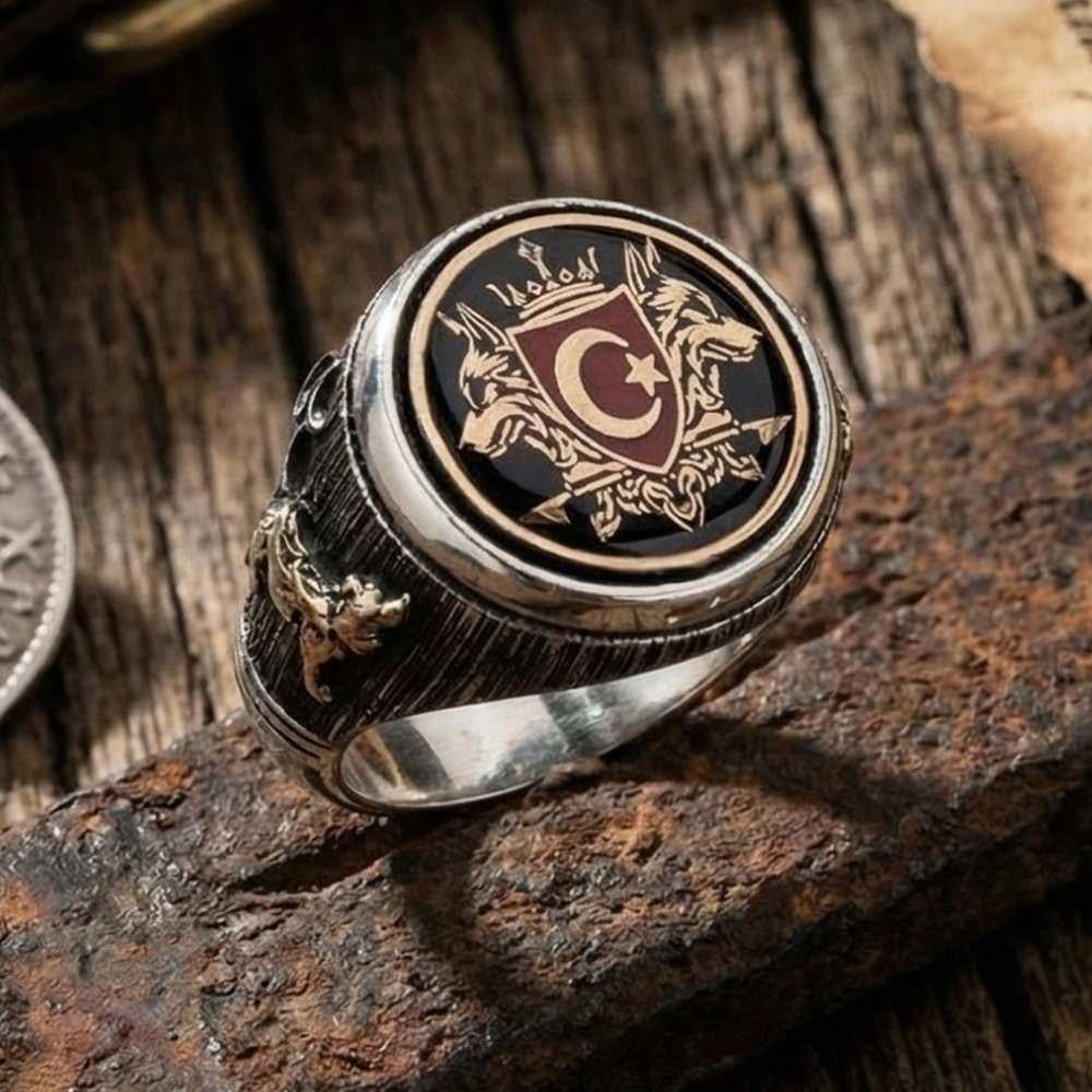 Oval Çift Bozkurt Ay Yıldız Gümüş YüzükBozkurt Yüzükleri