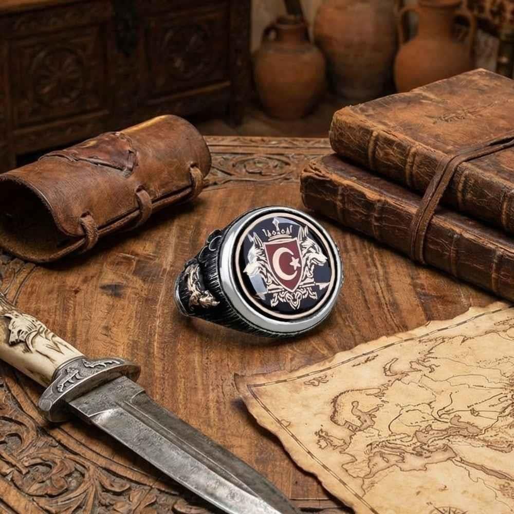 Oval Çift Bozkurt Ay Yıldız Gümüş YüzükBozkurt Yüzükleri