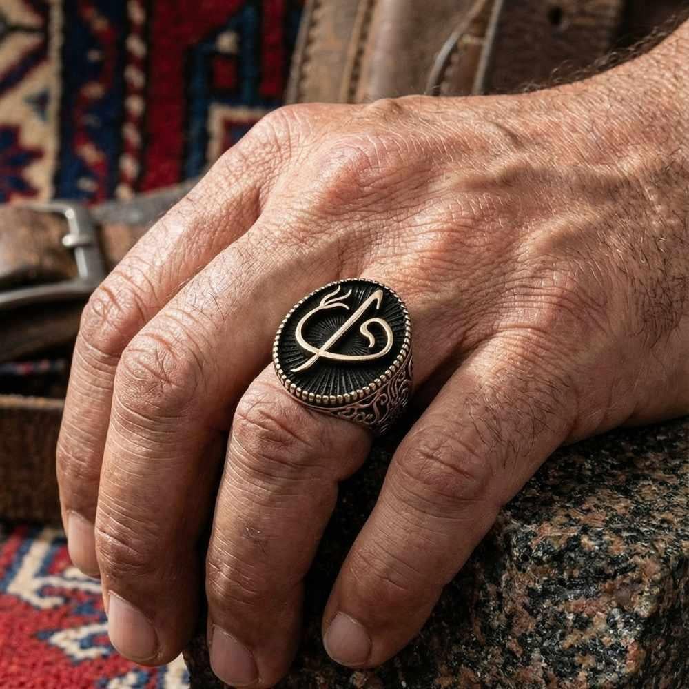 Oval Elif Vav Motifli Gümüş Erkek YüzükAlep Waw Ring