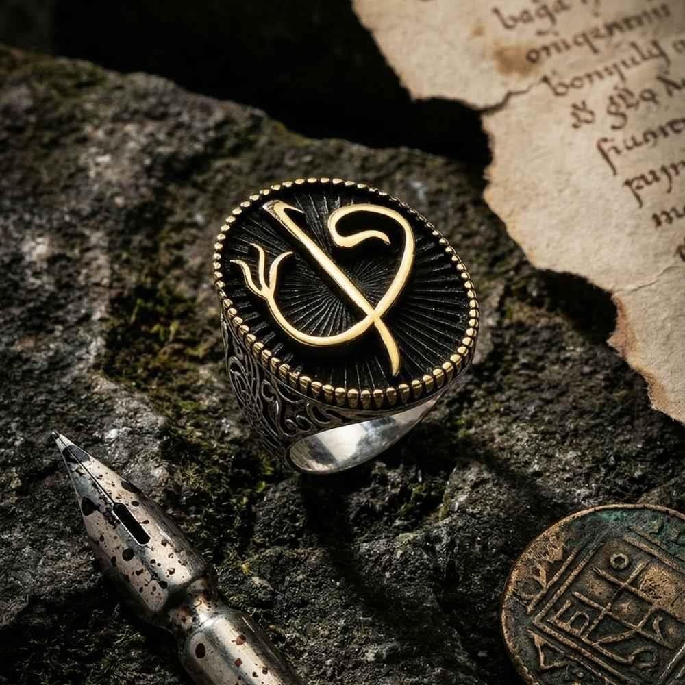Oval Elif Vav Motifli Gümüş Erkek YüzükAlep Waw Ring