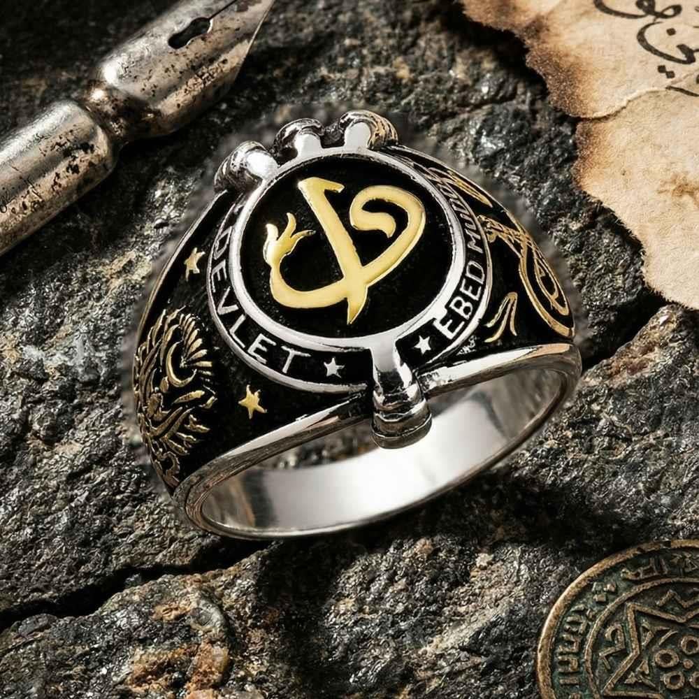 Oval Elif Vav Osmanlı Arma Desenli Gümüş Erkek YüzükElif Vav Yüzük