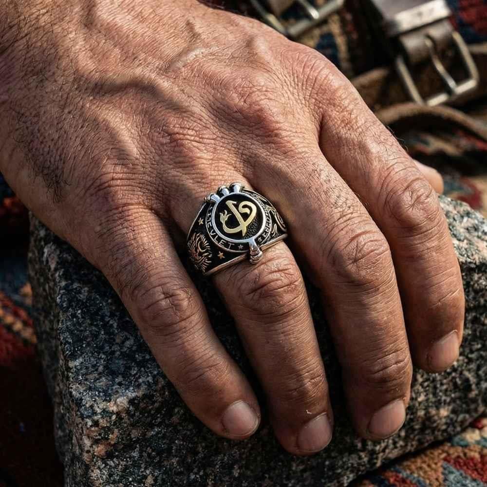 Oval Elif Vav Osmanlı Arma Desenli Gümüş Erkek YüzükElif Vav Yüzük