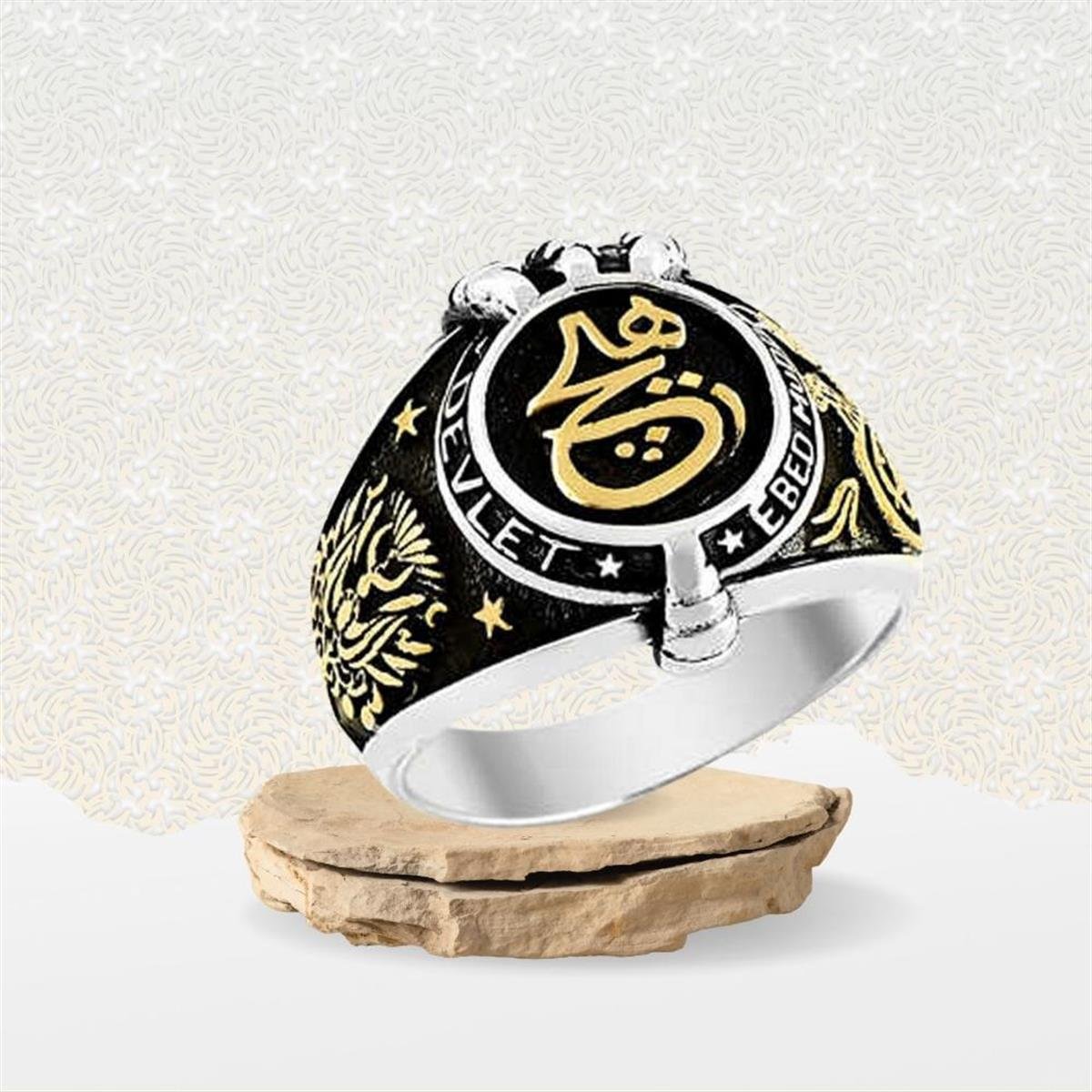 Oval Hiç Yazılı Osmanlı Arma Desenli Gümüş Erkek Yüzük