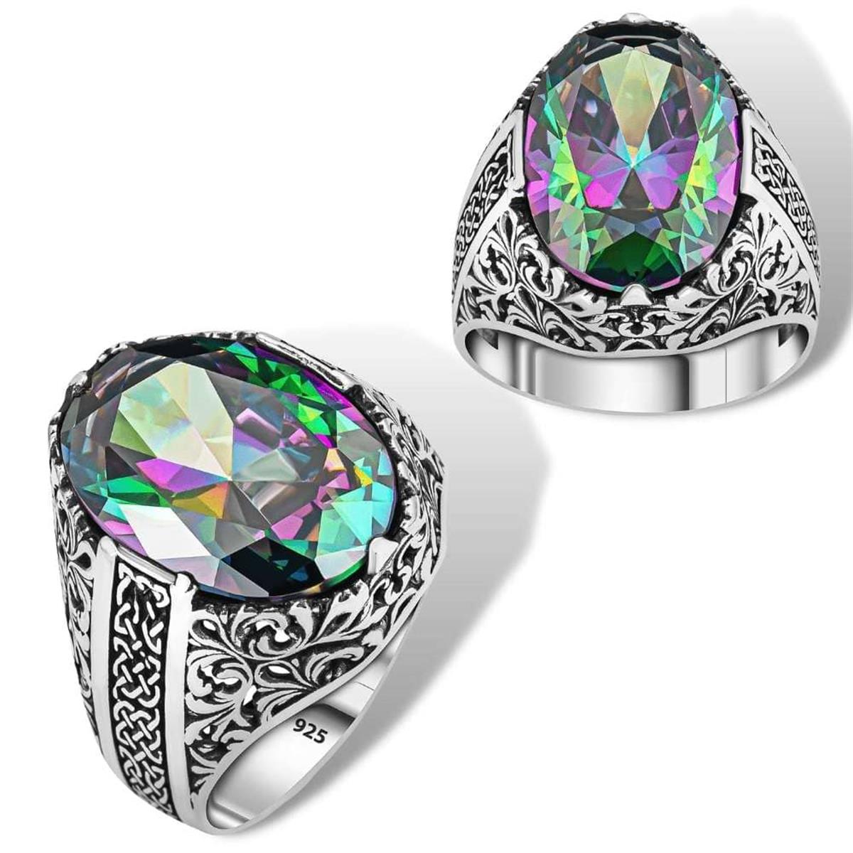 Oval Kasa Çiçek Desenli Mistik Topaz Taşlı Gümüş Yüzük