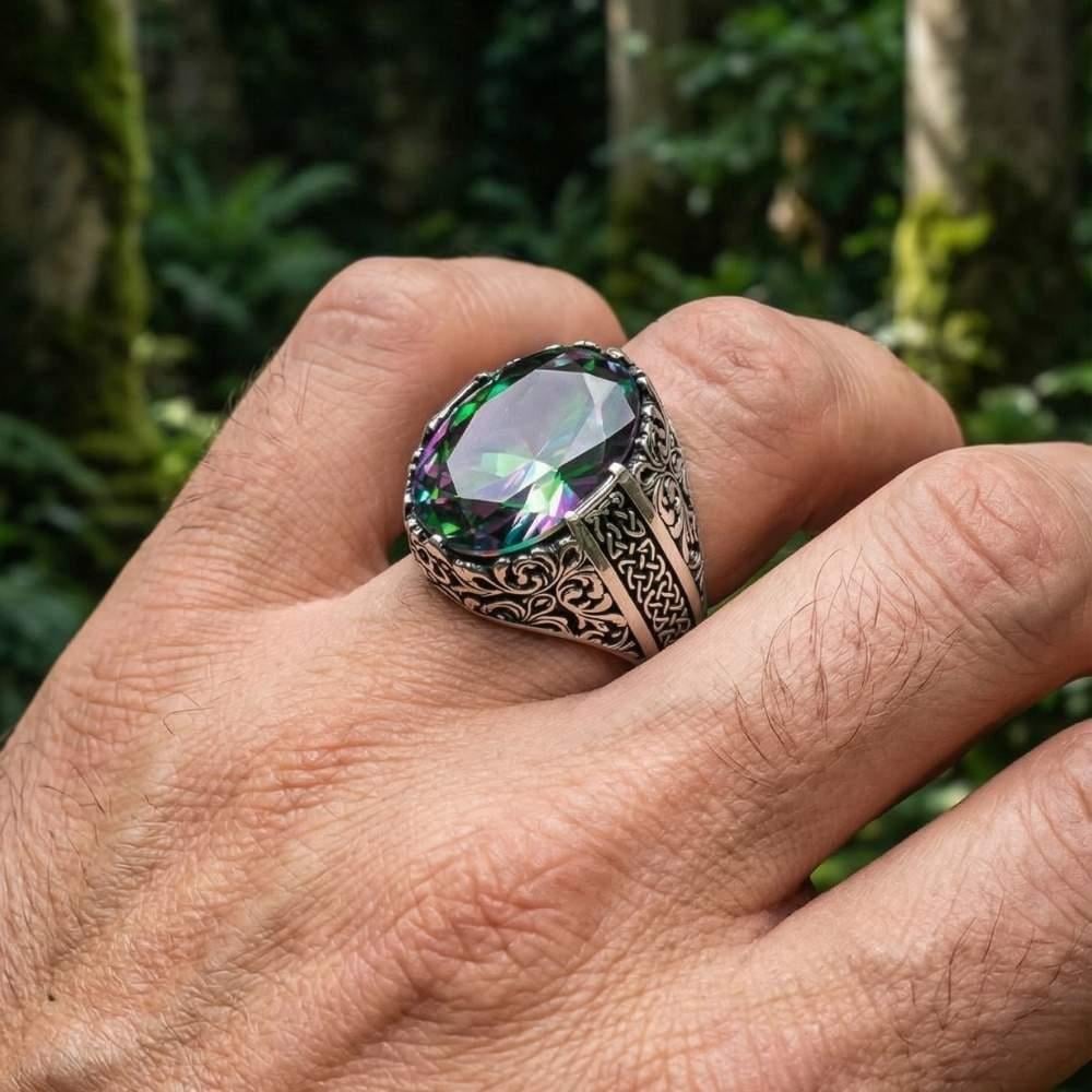Oval Kasa Çiçek Desenli Mistik Topaz Taşlı Gümüş YüzükMystic Topaz Stone Ring