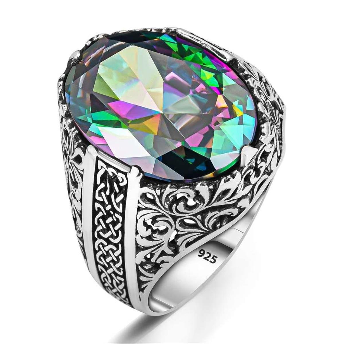 Oval Kasa Çiçek Desenli Mistik Topaz Taşlı Gümüş Yüzük