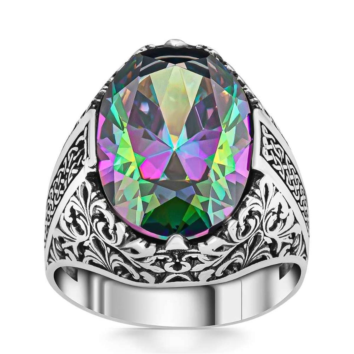 Oval Kasa Çiçek Desenli Mistik Topaz Taşlı Gümüş Yüzük