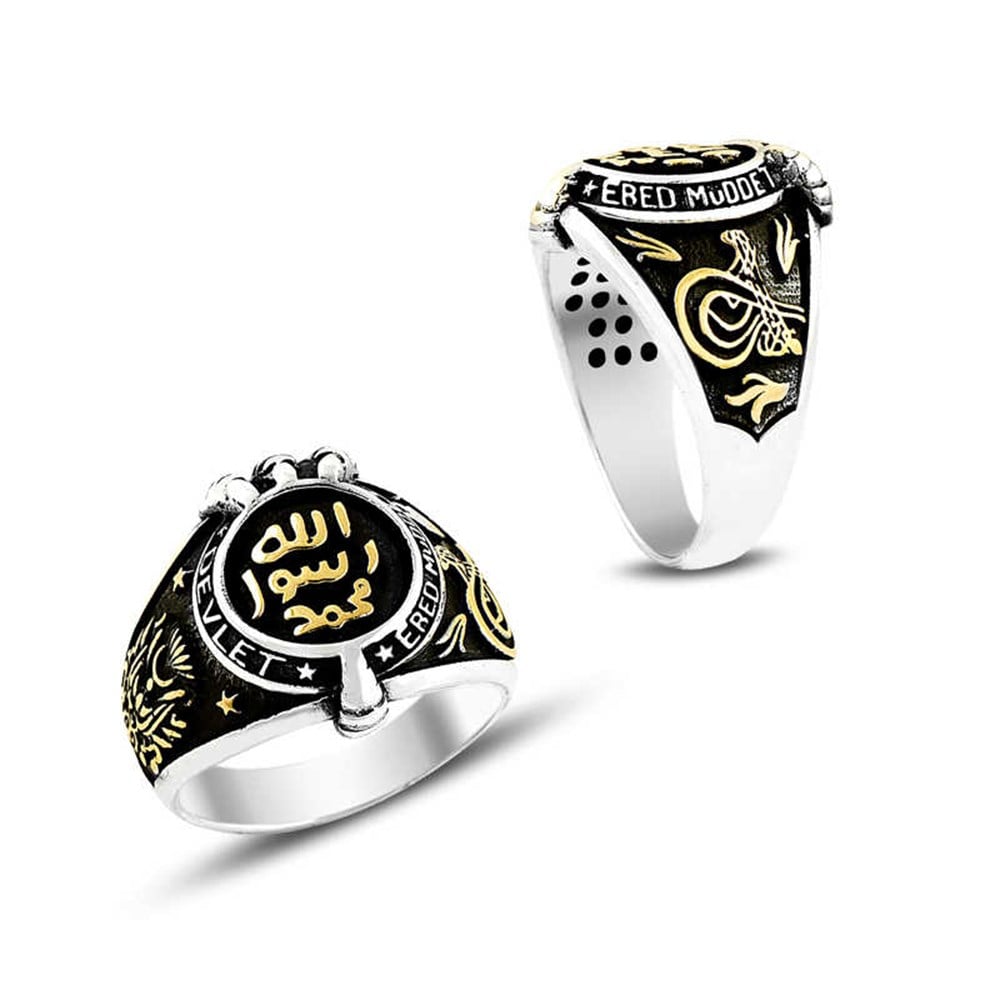 Oval Mührü Şerif Osmanlı Arma Desenli Gümüş Erkek Yüzük