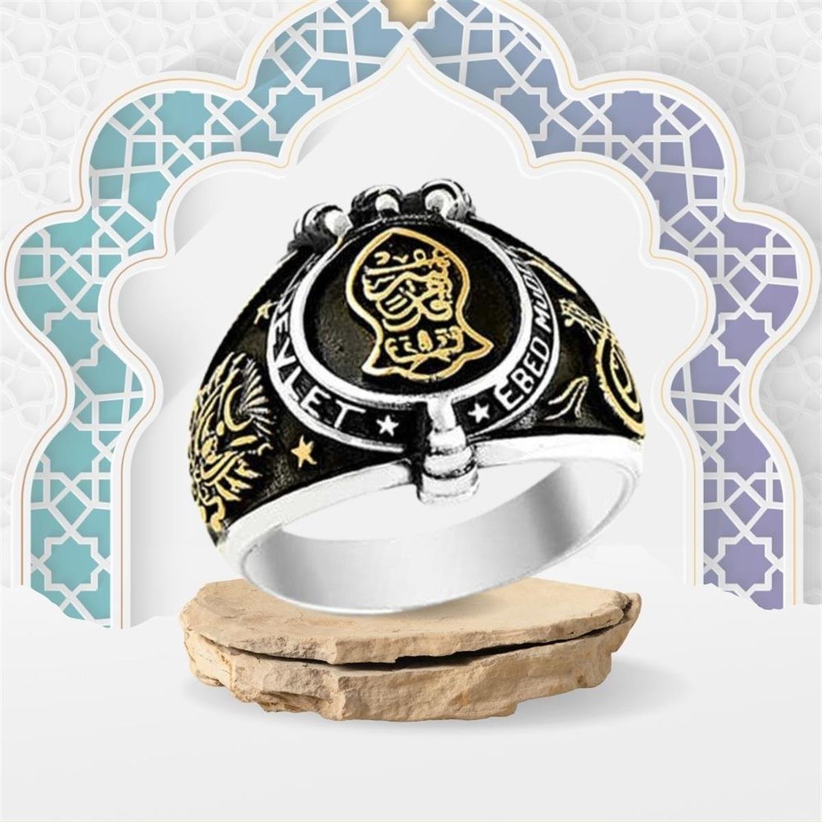 Oval Nal-i Şerif  Osmanlı Arma Desenli Gümüş Erkek Yüzük