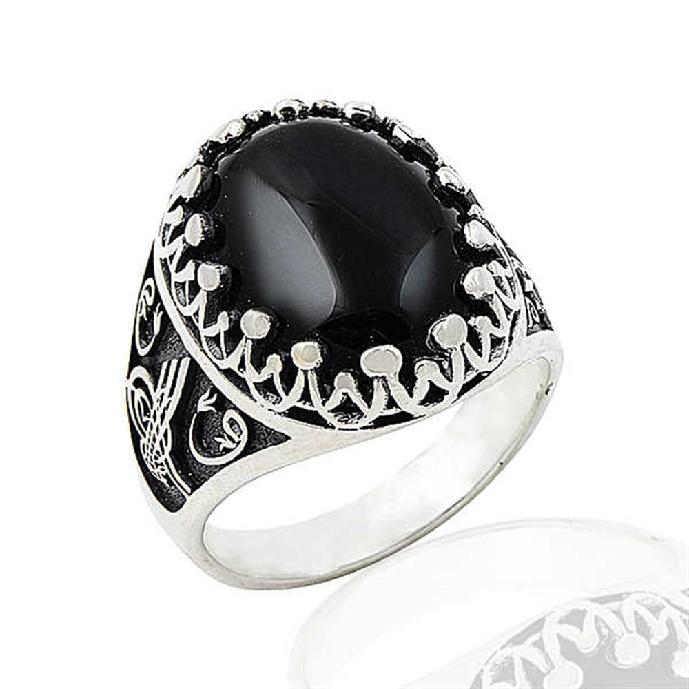 Oval Oniks Taşlı Osmanlı Tuğra Desenli Gümüş Erkek Yüzük