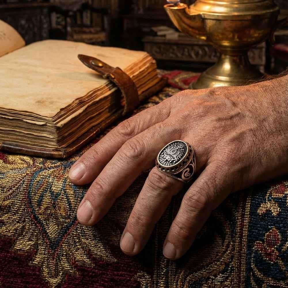 Oval Osmanlı Devlet Armalı Desenli Gümüş Erkek YüzükOttoman Ring