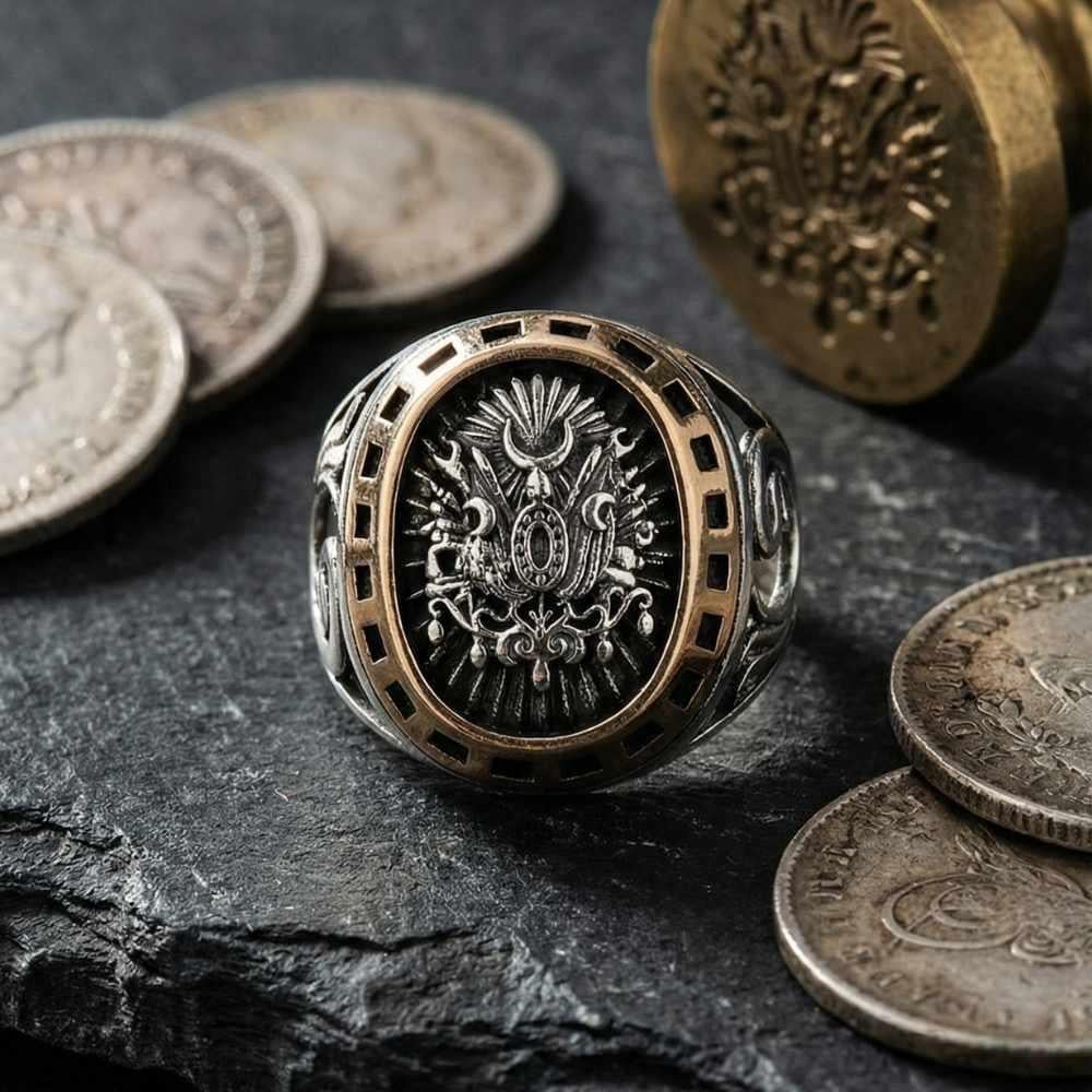 Oval Osmanlı Devlet Armalı Desenli Gümüş Erkek YüzükOttoman Ring