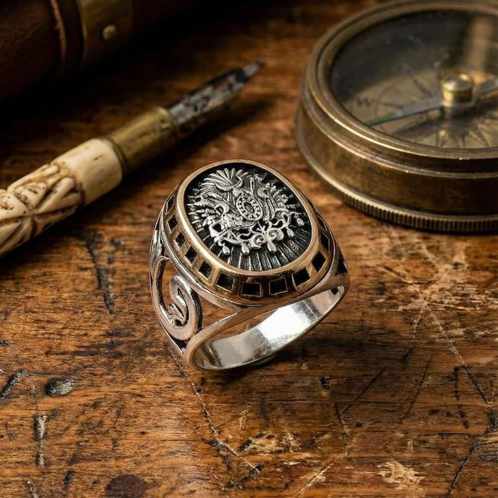 Oval Osmanlı Devlet Armalı Desenli Gümüş Erkek YüzükOttoman Ring