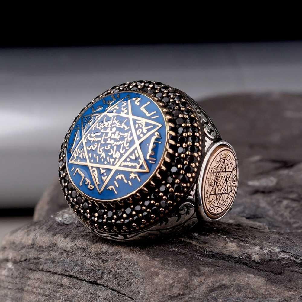 Oval Tasarım Mavi Mineli Süleyman Mührü Gümüş YüzükSüleyman Mührü Yüzükler