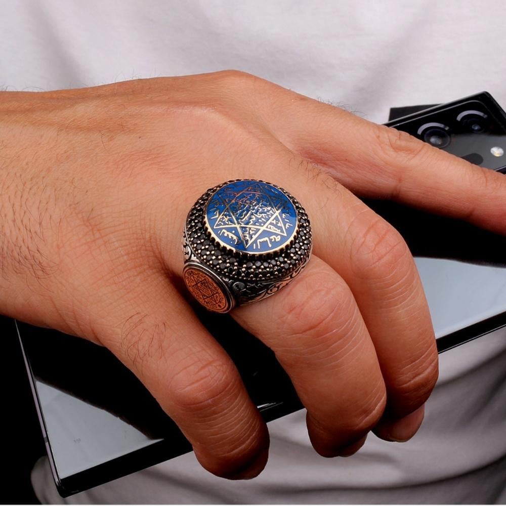 Oval Tasarım Mavi Mineli Süleyman Mührü Gümüş YüzükSüleyman Mührü Yüzükler