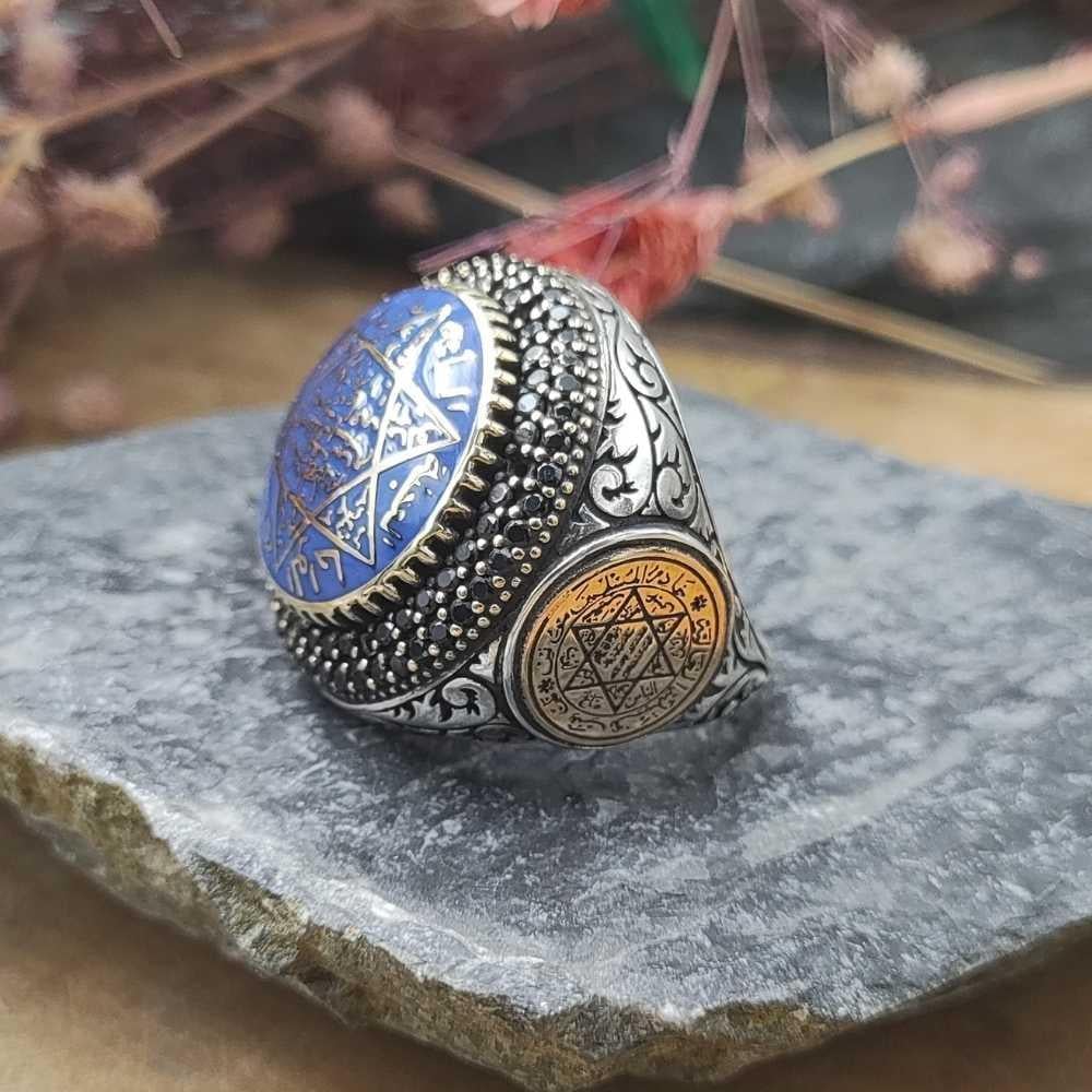 Oval Tasarım Mavi Mineli Süleyman Mührü Gümüş YüzükSüleyman Mührü Yüzükler