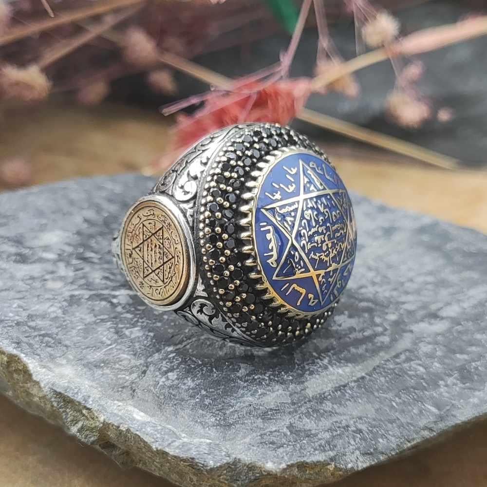 Oval Tasarım Mavi Mineli Süleyman Mührü Gümüş YüzükSüleyman Mührü Yüzükler