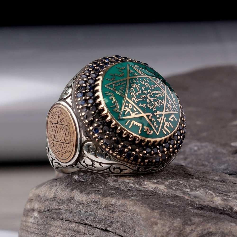 Oval Tasarım Yeşil Mineli Süleyman Mührü Gümüş YüzükSüleyman Mührü Yüzükler