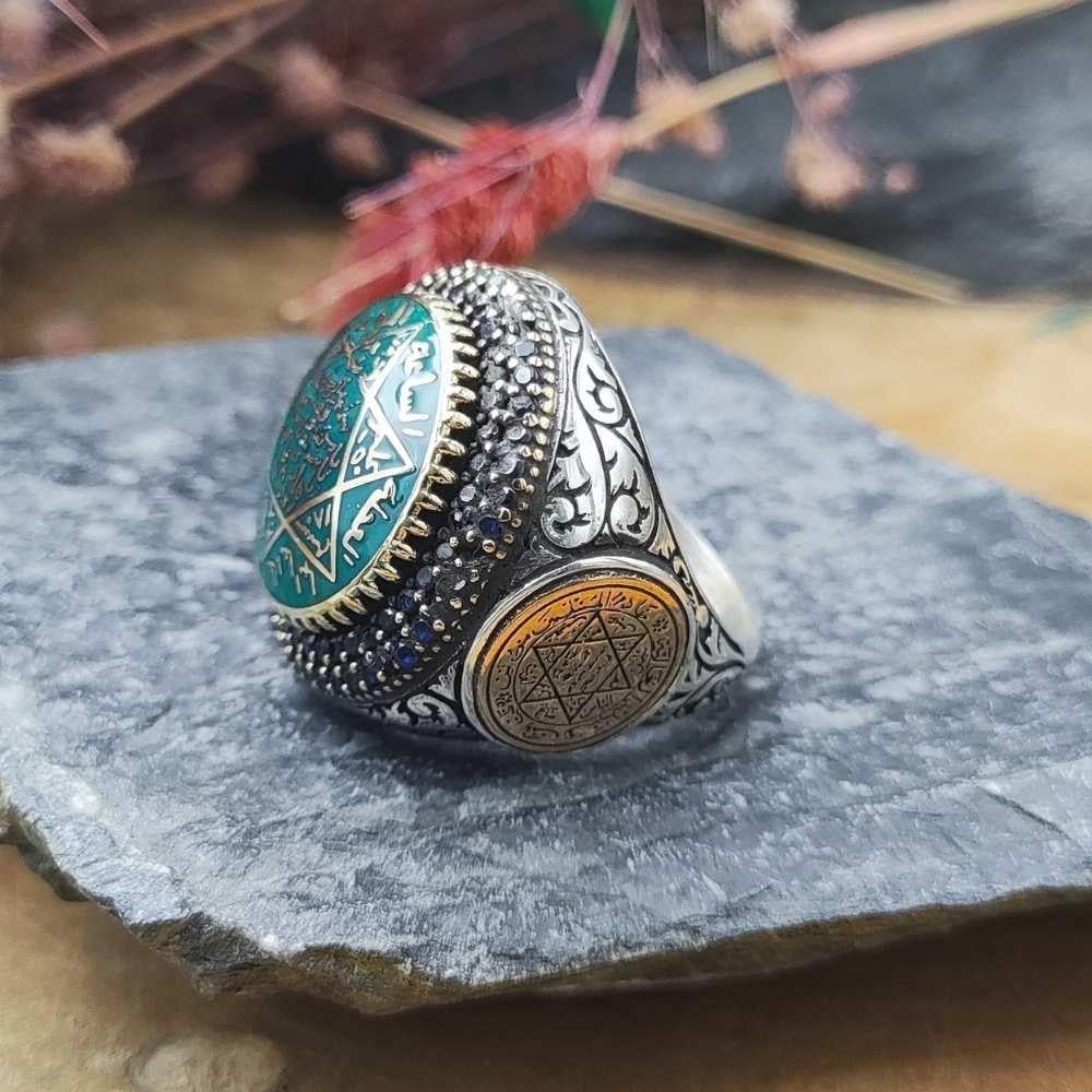 Oval Tasarım Yeşil Mineli Süleyman Mührü Gümüş YüzükSüleyman Mührü Yüzükler