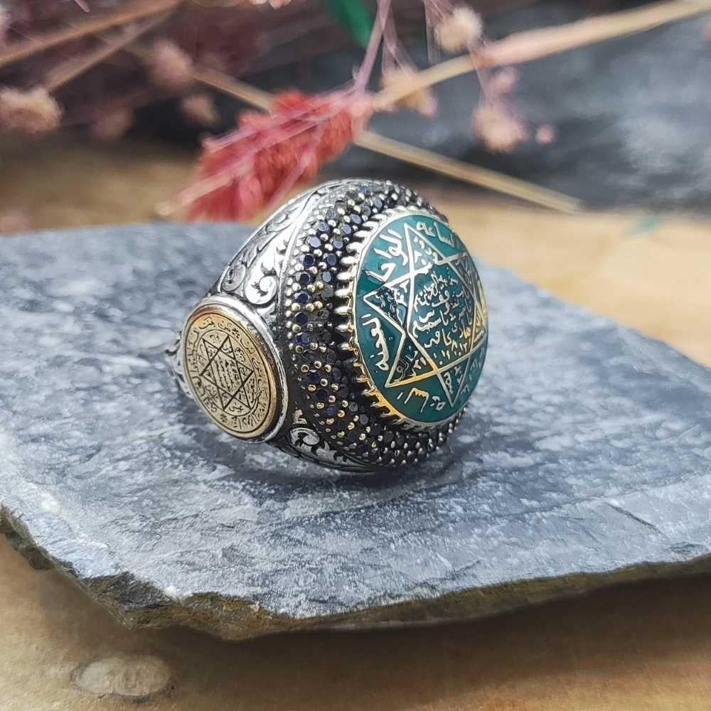 Oval Tasarım Yeşil Mineli Süleyman Mührü Gümüş YüzükSüleyman Mührü Yüzükler