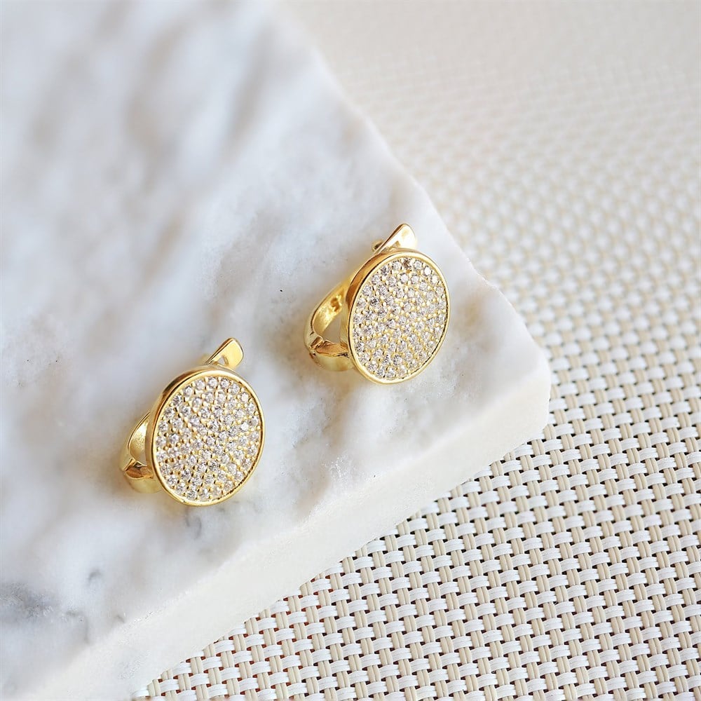 Oval Taşlı Kadın Gümüş Küpe Gold